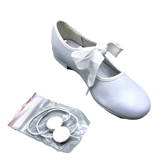Toddlers Bow Tie White Tap Shoes Tyette Size 8.5 Recital Dance Class Leather New - Picture 3 of 8